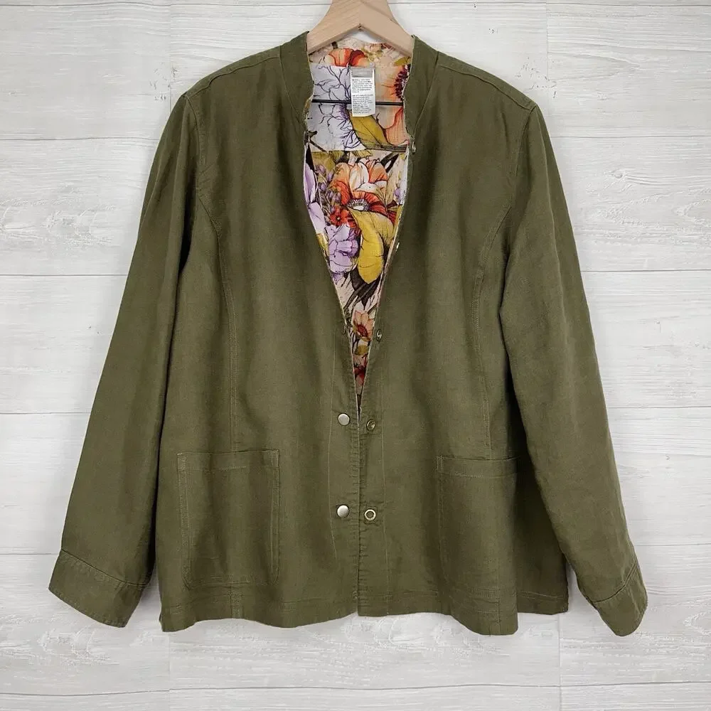 Chico's 100% Linen Jacket Plus Size 20-22‎ Reversible Floral Olive Green Pockets - Picture 16 of 16